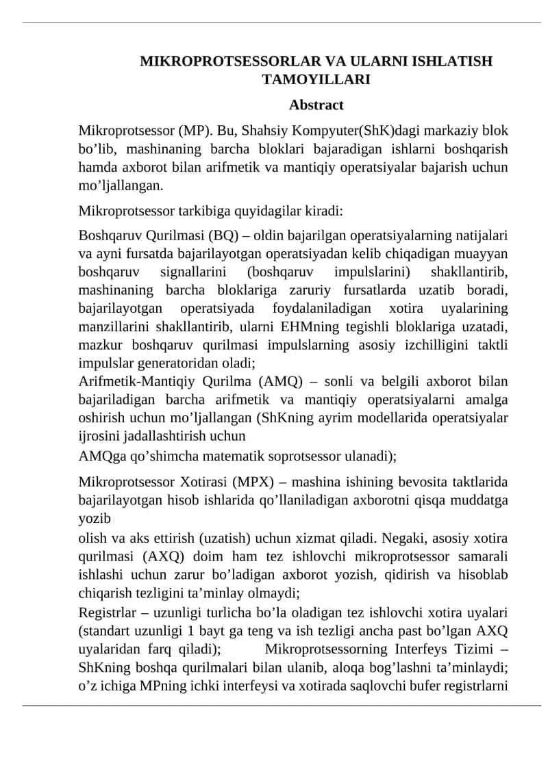 MIKROPROTSESSORLAR VA ULARNI ISHLATISH TAMOYILLARI