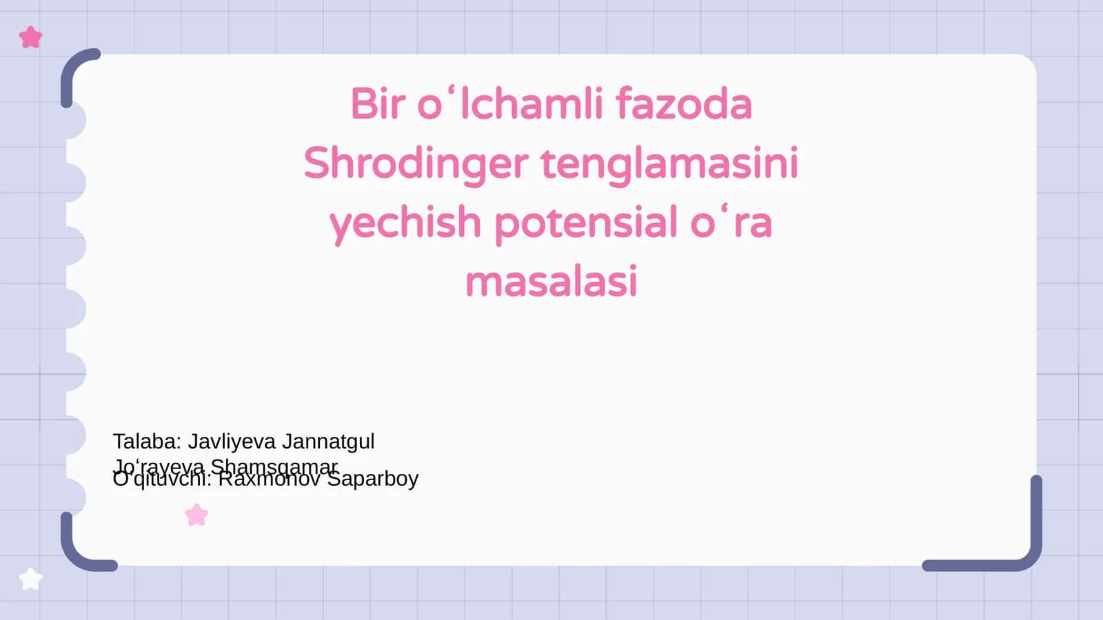 Bir oʻlchamli fazoda Shrodinger tenglamasini yechish potensial oʻra masalasi