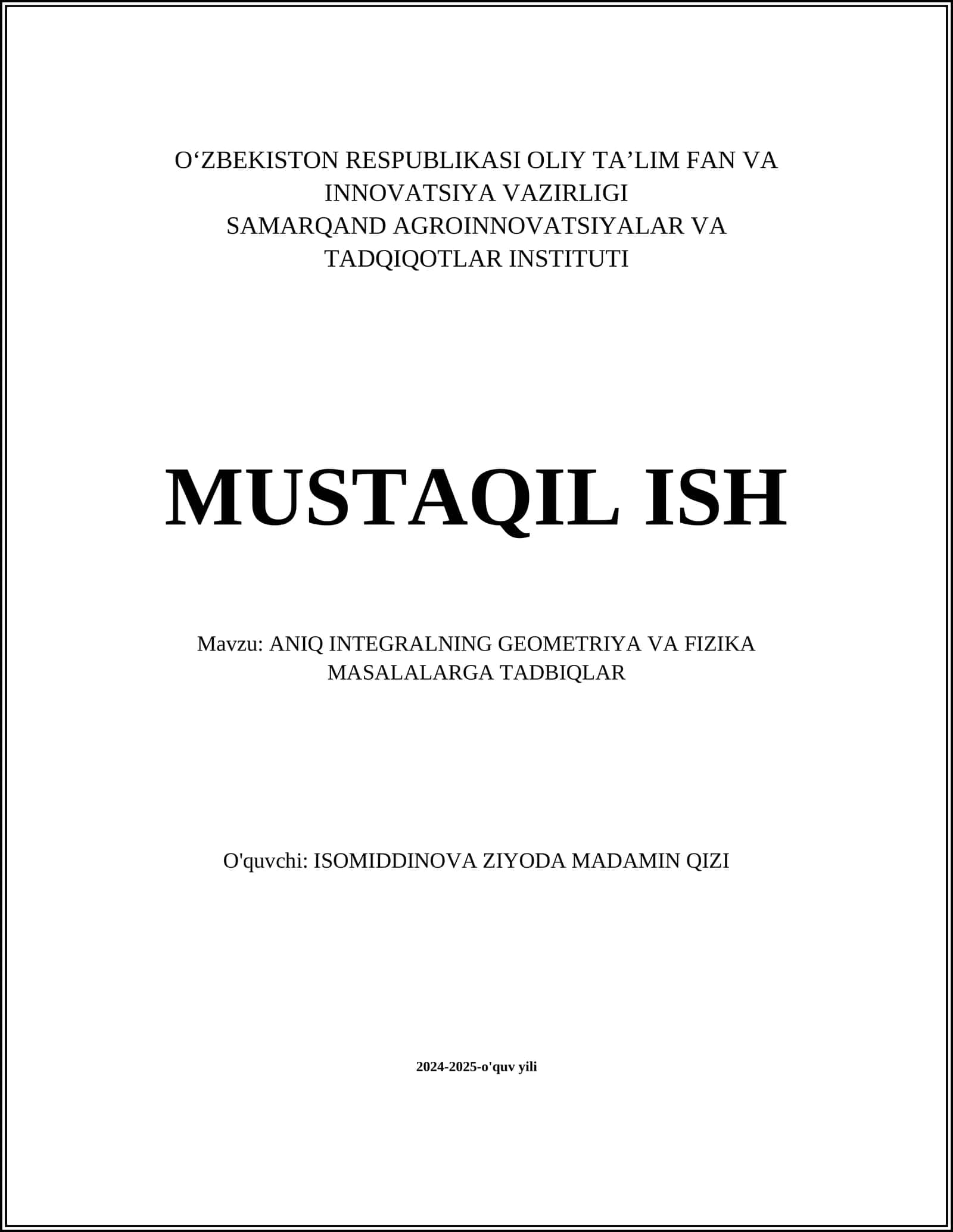 ANIQ INTEGRALNING GEOMETRIYA VA FIZIKA MASALALARGA TADBIQLAR