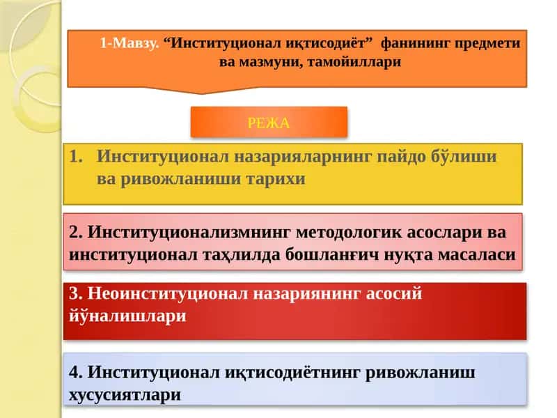 “Институционал иқтисодиёт” фанининг предмети ва мазмуни, тамойиллари