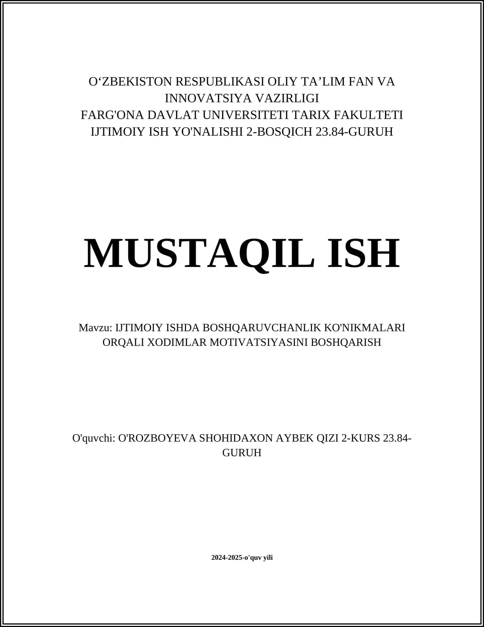 IJTIMOIY ISHDA BOSHQARUVCHANLIK KO'NIKMALARI ORQALI XODIMLAR MOTIVATSIYASINI BOSHQARISH
