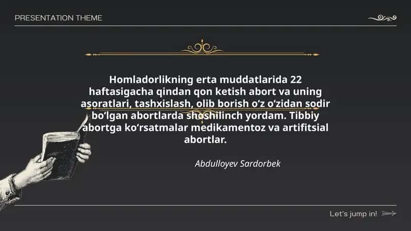 Homladorlikning erta muddatlarida 22 haftasigacha qindan qon ketish abort va uning asoratlari, tashxislash, olib borish oʻz oʻzidan sodir boʻlgan abortlarda shoshilinch yordam. Tibbiy abortga koʻrsatmalar medikamentoz va artifitsial abortlar.