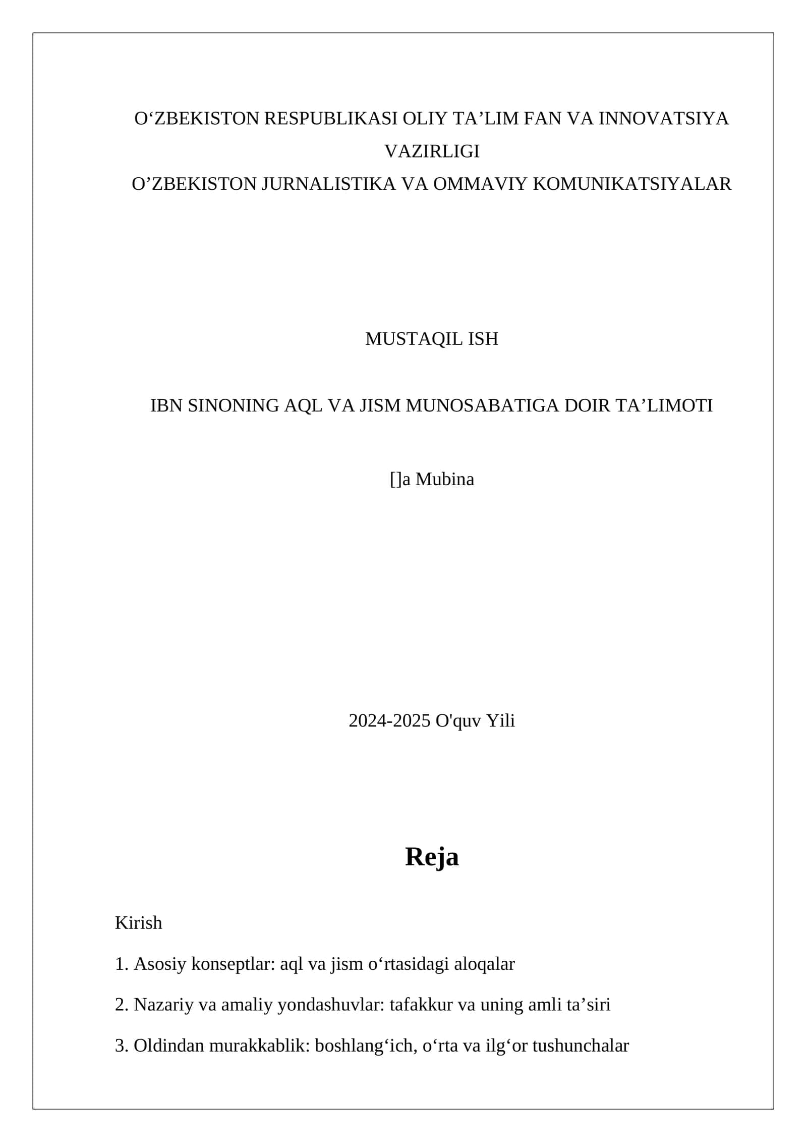 IBN SINONING AQL VA JISM MUNOSABATIGA DOIR TA’LIMOTI