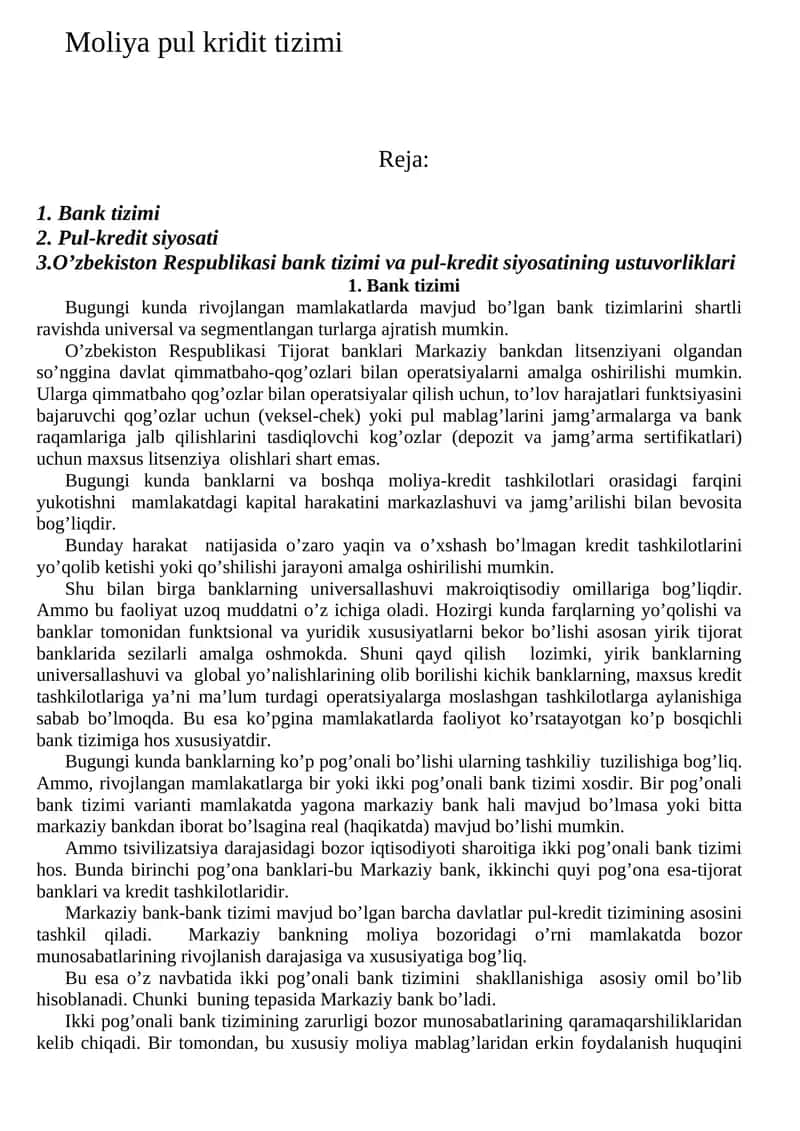 Moliya pul kridit tizimi