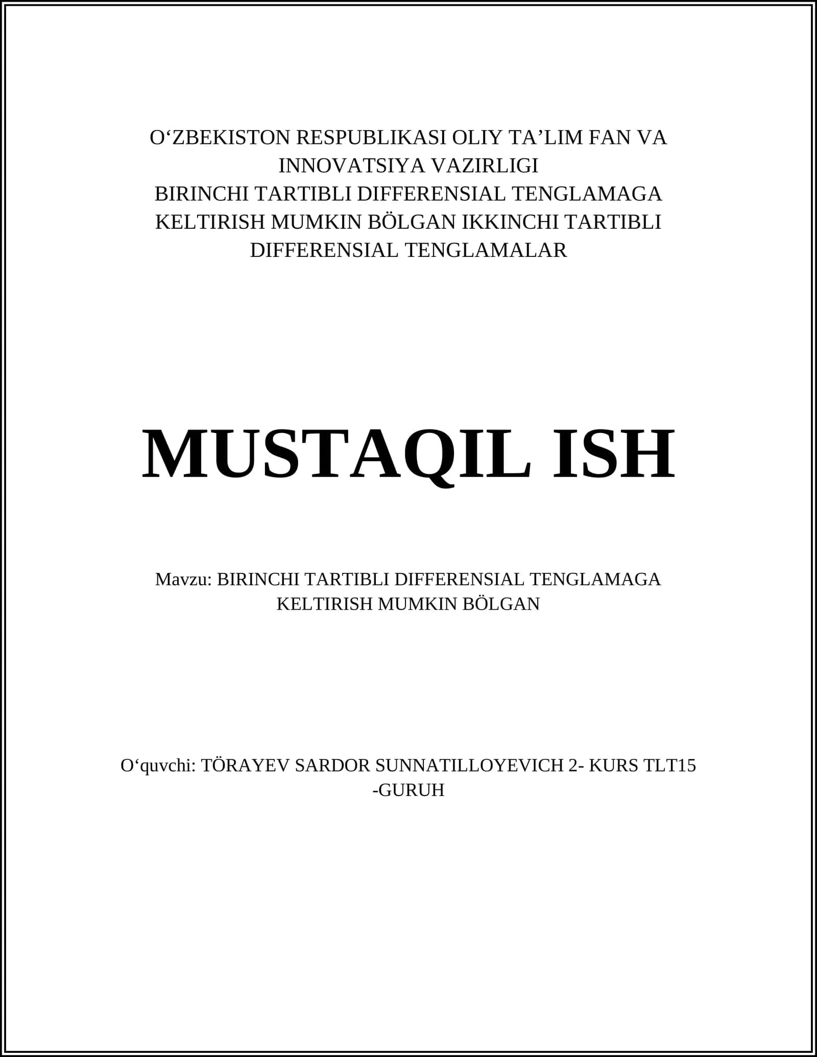 BIRINCHI TARTIBLI DIFFERENSIAL TENGLAMAGA KELTIRISH MUMKIN BÖLGAN