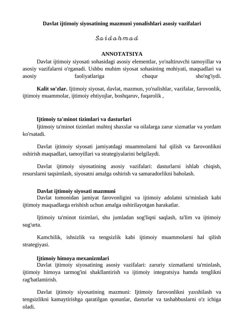 Davlat ijtimoiy siyosatining mazmuni yonalishlari asosiy vazifalari