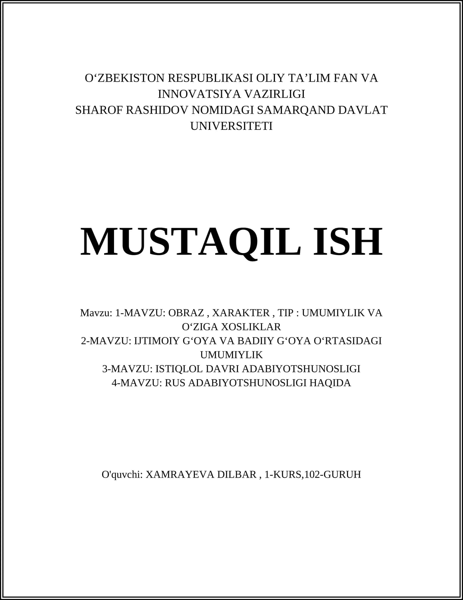 Obraz va xarakter tushunchalari: umumiy asoslar