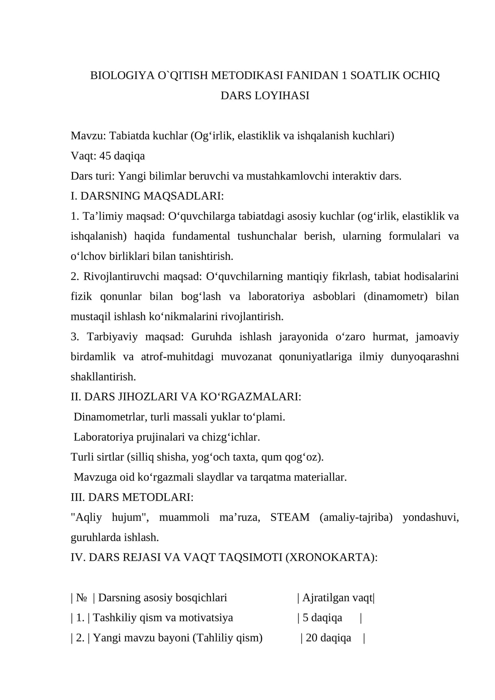 BIOLOGIYA O`QITISH METODIKASI FANIDAN 1 SOATLIK OCHIQ DARS LOYIHASI