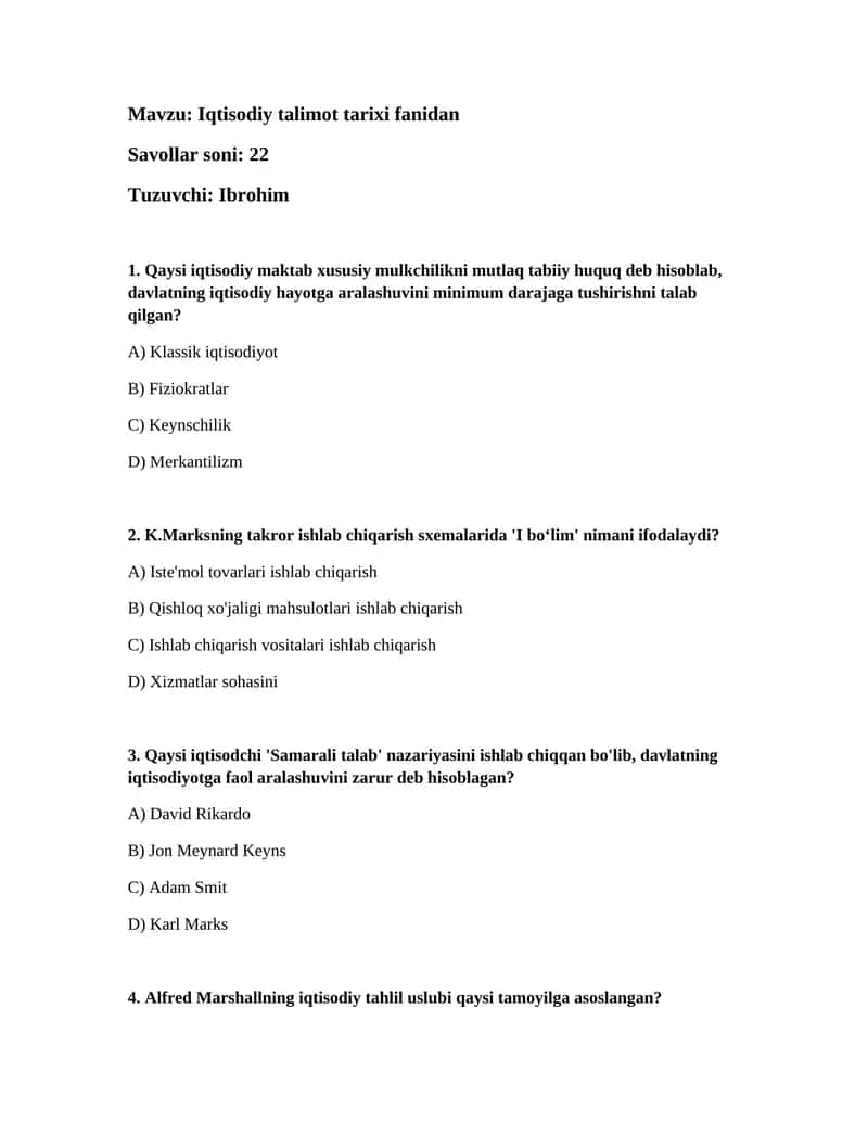 Iqtisodiy talimot tarixi fanidan