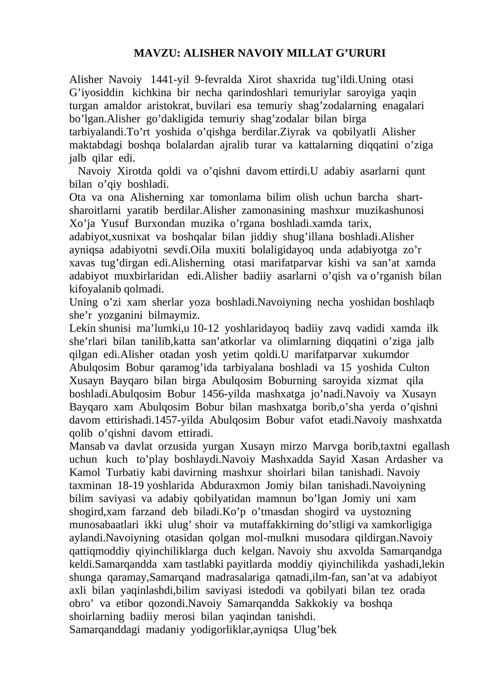 ALISHER NAVOIY MILLAT G’URURI