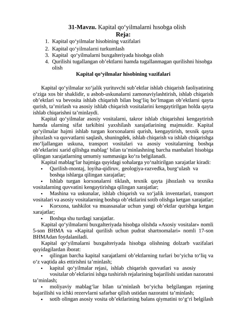 Kapital qo‘yilmalarni hisobga olish