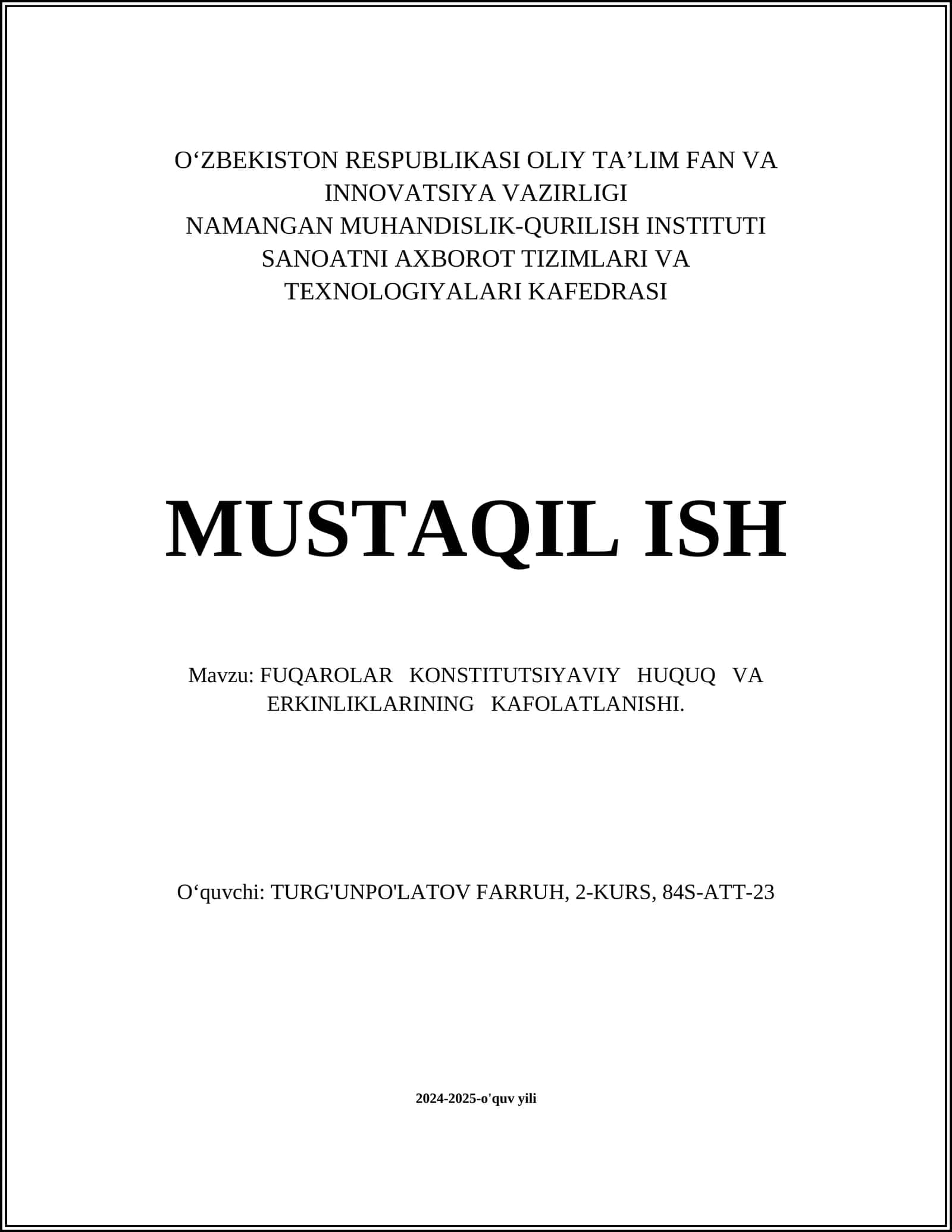 FUQAROLAR KONSTITUTSIYAVIY HUQUQ VA ERKINLIKLARINING KAFOLATLANISHI