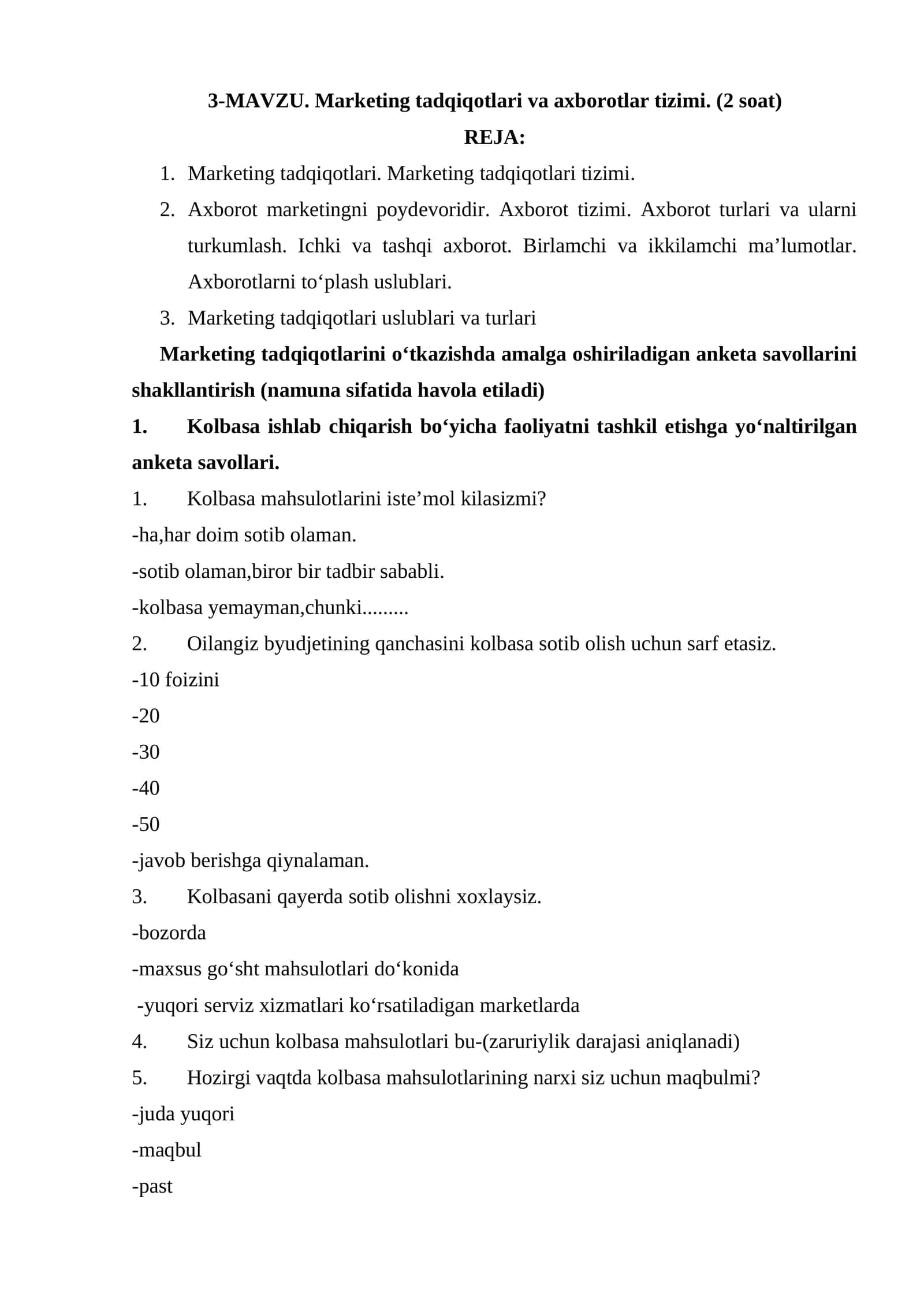 MAVZU. Marketing tadqiqotlari va axborotlar tizimi