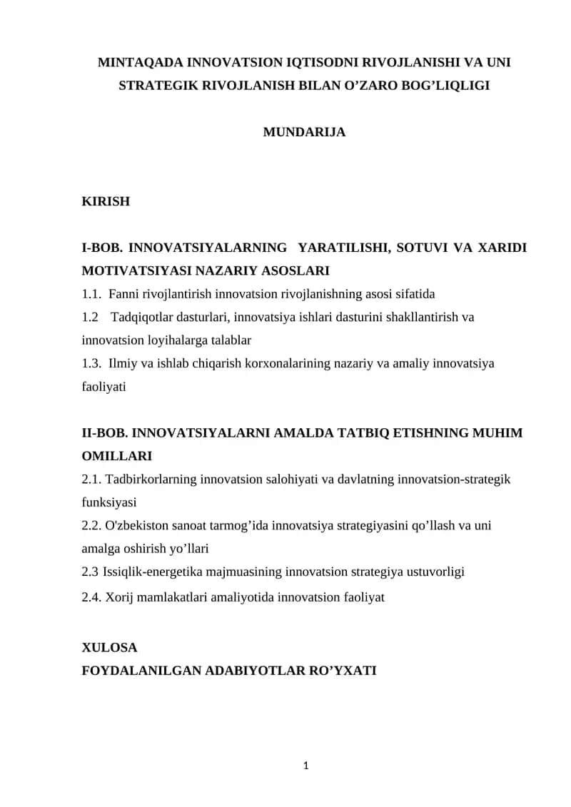MINTAQADA INNOVATSION IQTISODNI RIVOJLANISHI VA UNI STRATEGIK RIVOJLANISH BILAN O’ZARO BOG’LIQLIGI