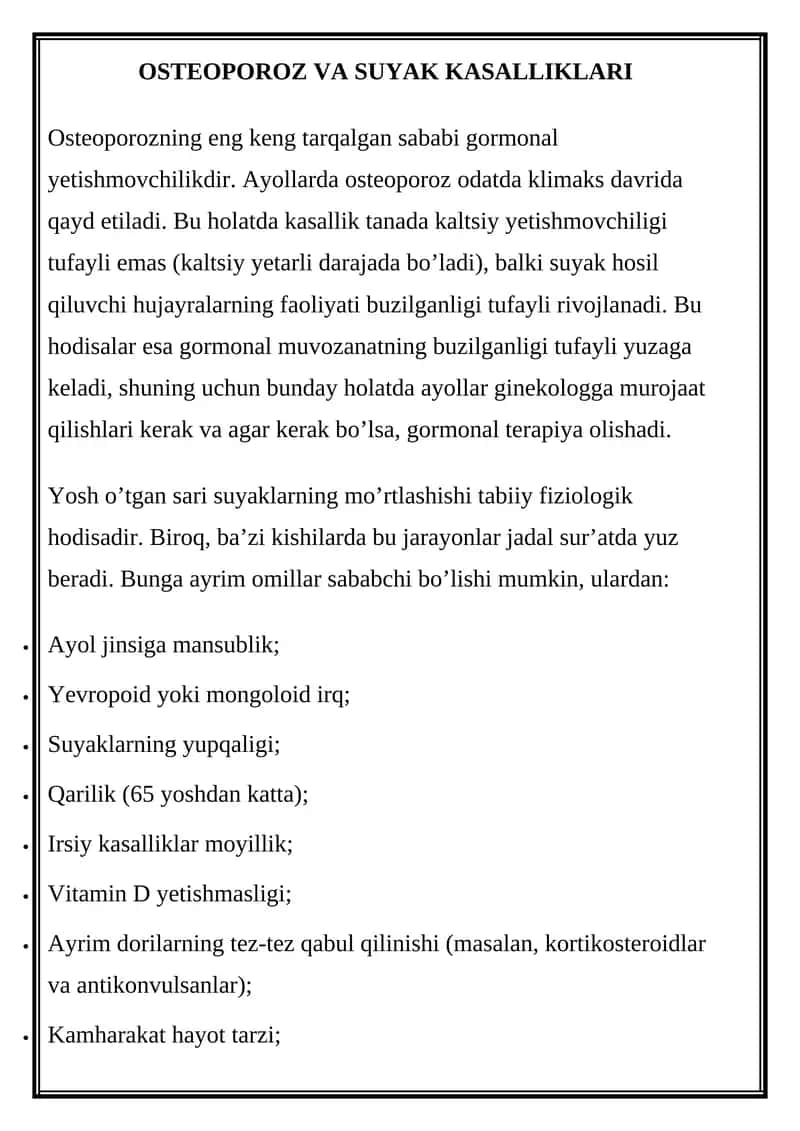 OSTEOPOROZ VA SUYAK KASALLIKLARI