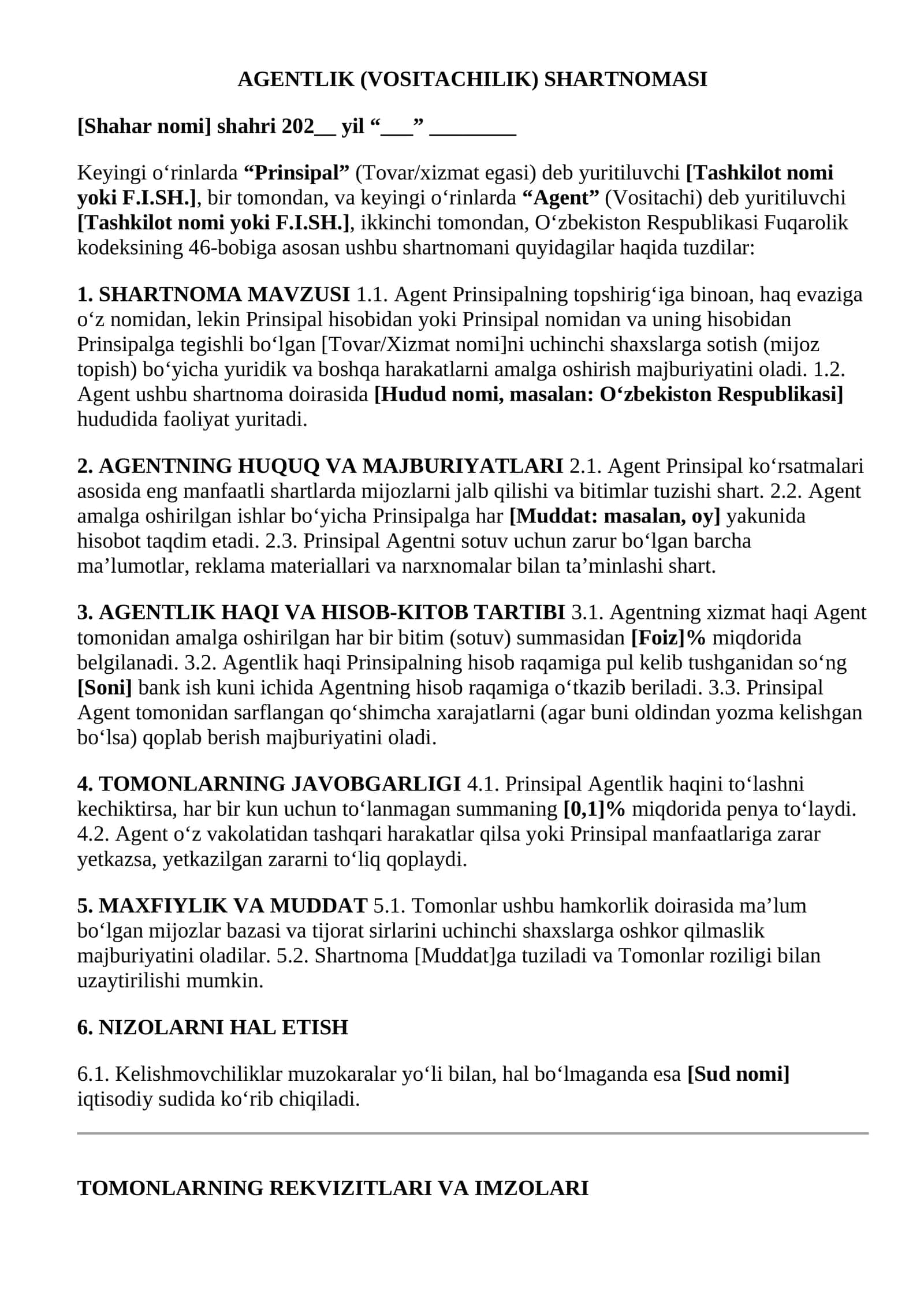 AGENTLIK (VOSITACHILIK) SHARTNOMASI NAMUNA 2026