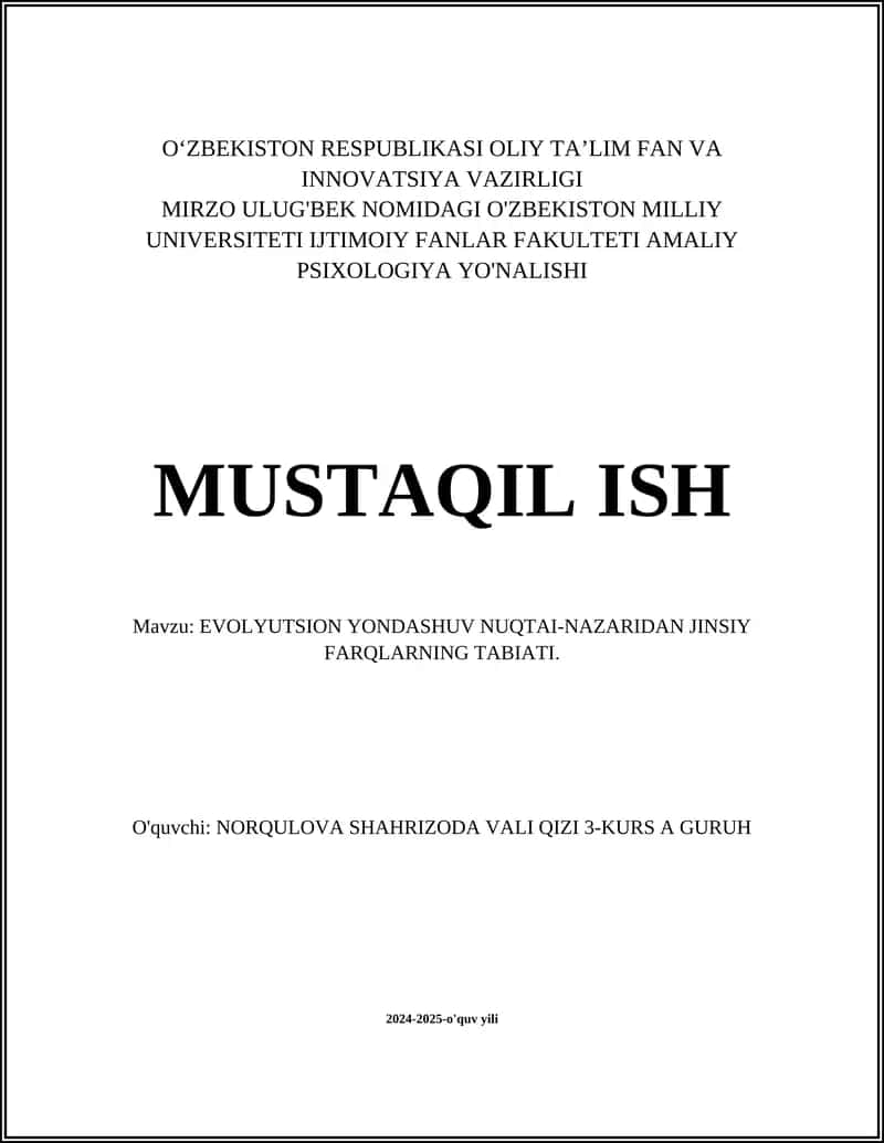 EVOLYUTSION YONDASHUV NUQTAI-NAZARIDAN JINSIY FARQLARNING TABIATI