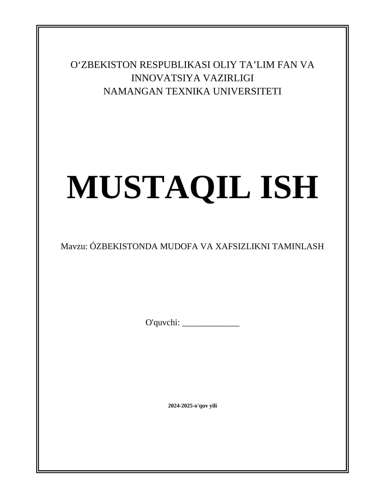 ÓZBEKISTONDA MUDOFA VA XAFSIZLIKNI TAMINLASH