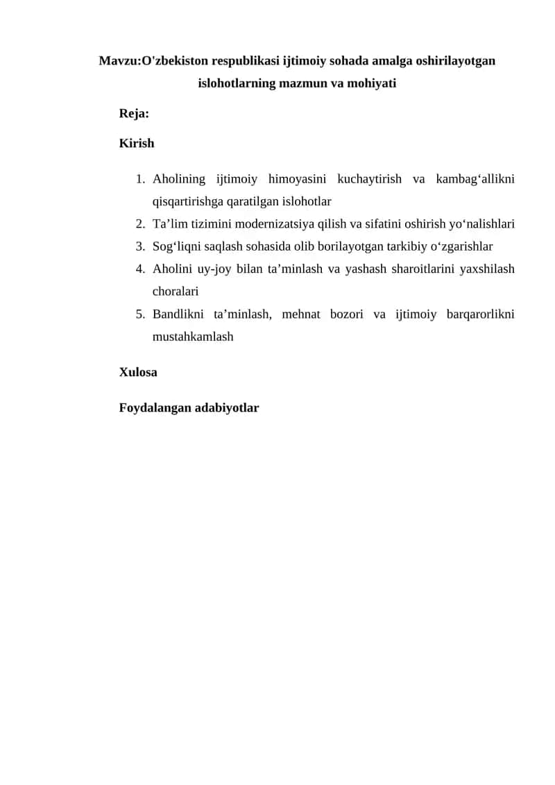 O'zbekiston respublikasi ijtimoiy sohada amalga oshirilayotgan islohotlarning mazmun va mohiyati