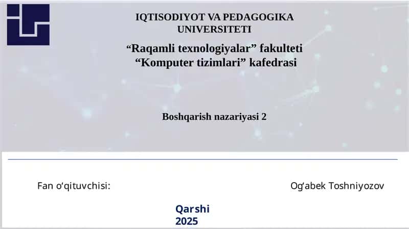 Ma’ruza 1: Chiziqli tizimlarning rostlash sifatini bahola sh usullari