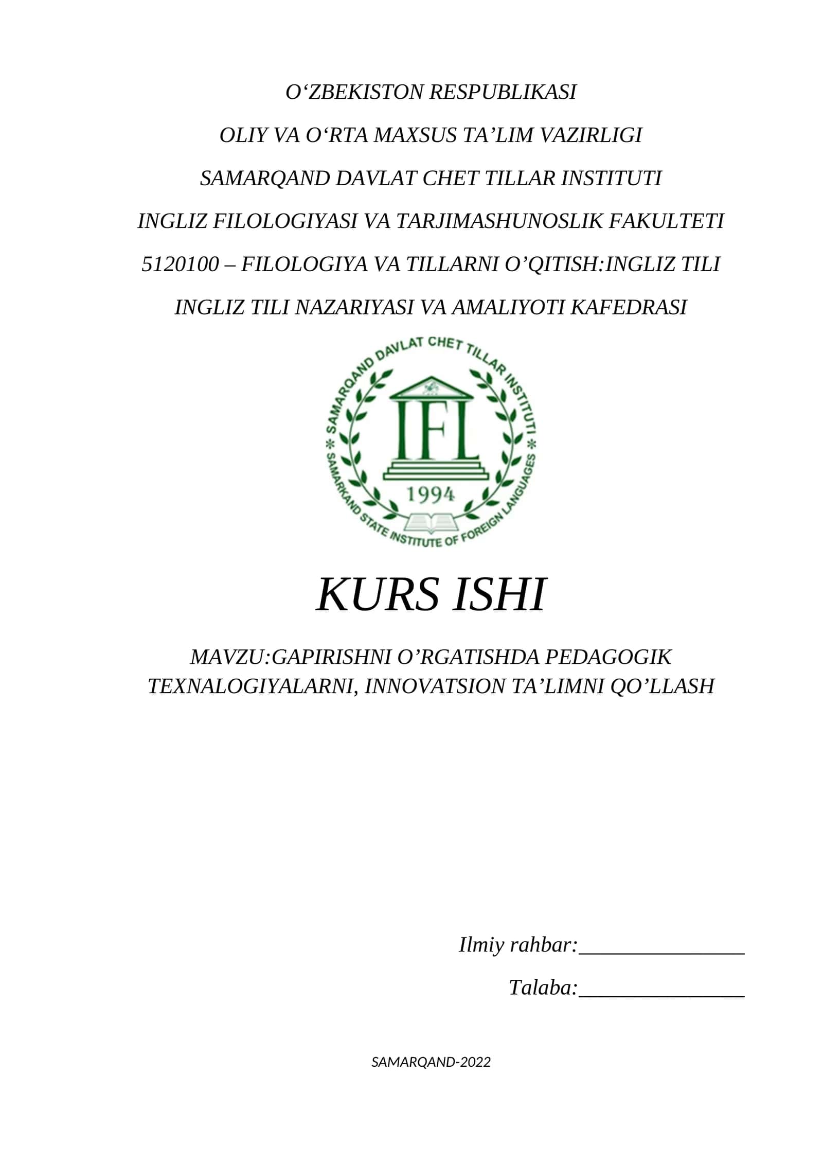 GAPIRISHNI O‘RGATISHDA PEDAGOGIK TEXNALOGIYALARNI, INNOVATSION TA’LIMNI QO’LLASH