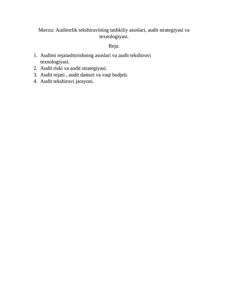 Auditorlik tekshiruvining tashkiliy asoslari, audit strategiyasi va texnologiyasi