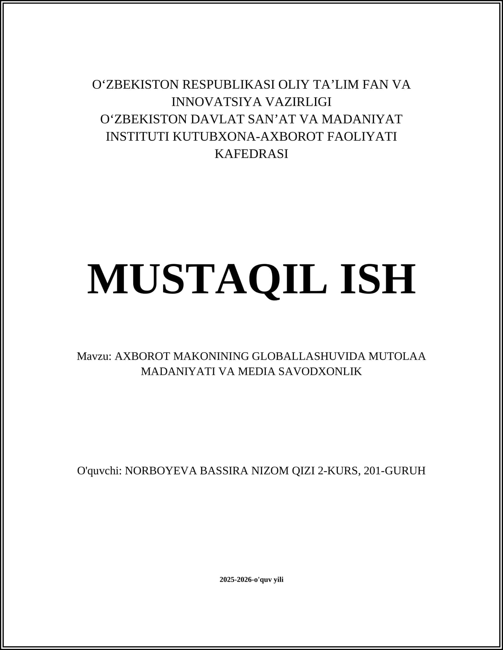 AXBOROT MAKONINING GLOBALLASHUVIDA MUTOLAA MADANIYATI VA MEDIA SAVODXONLIK