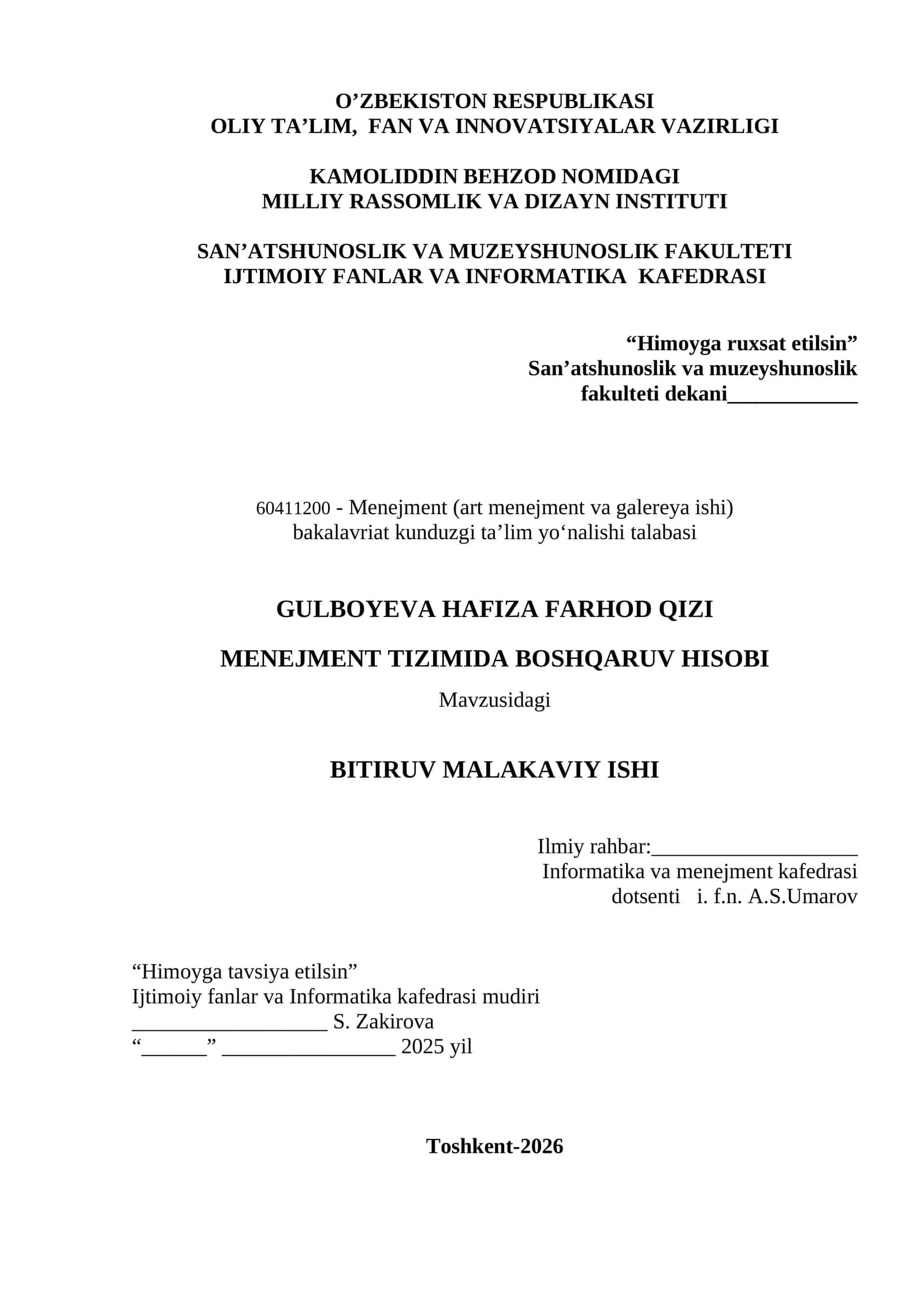 MENEJMENT TIZIMIDA BOSHQARUV HISOBI