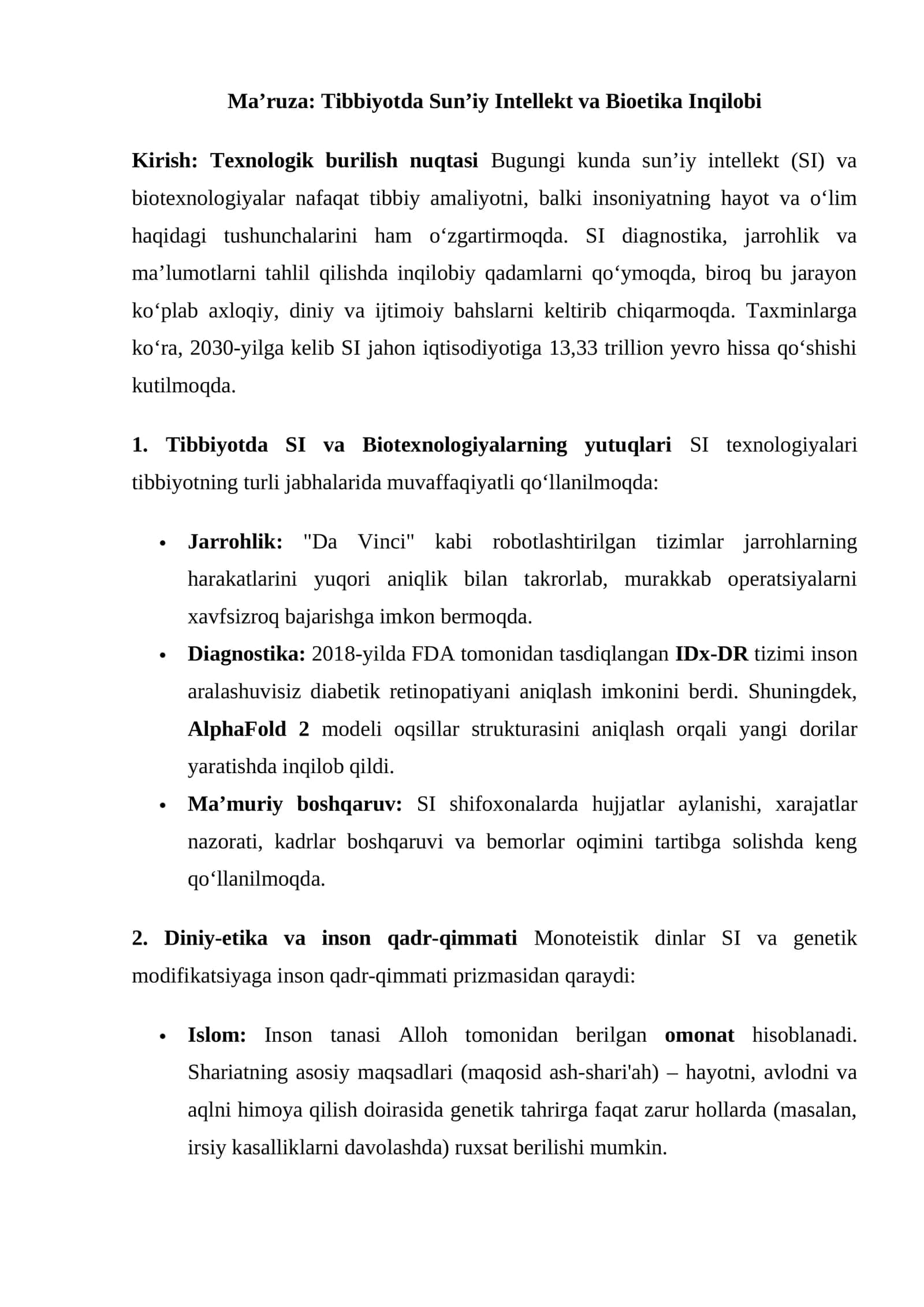 Tibbiyotda Sun’iy Intellekt va Bioetika Inqilobi