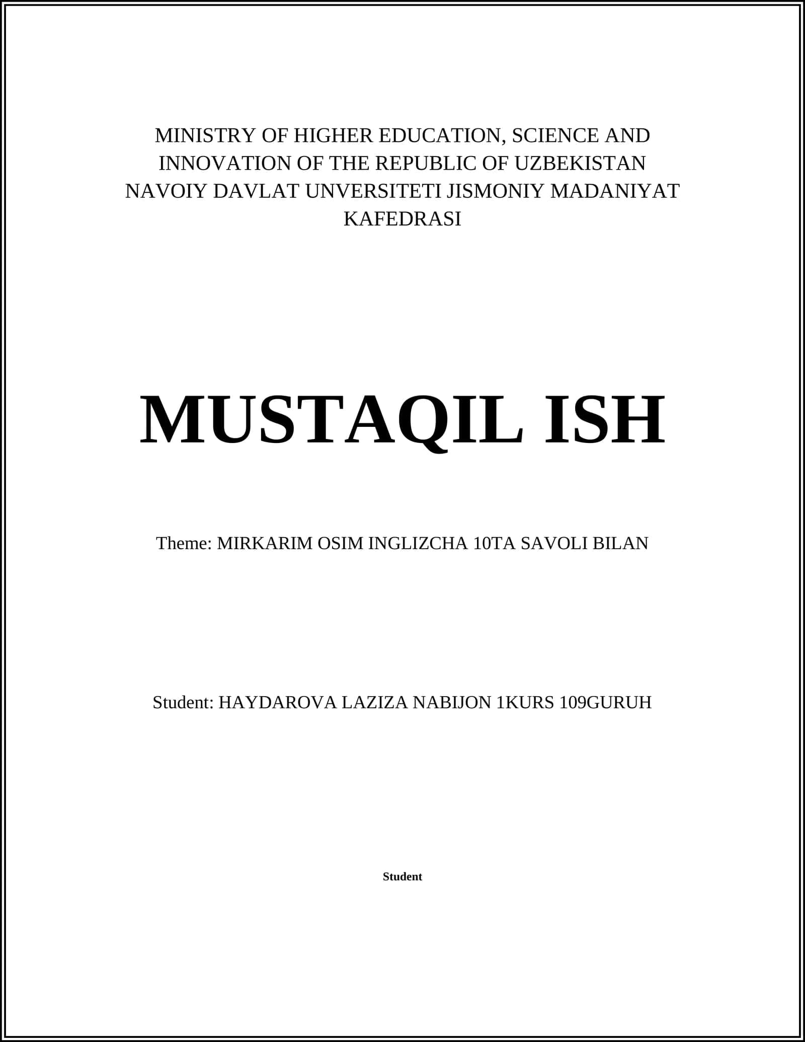 MIRKARIM OSIM INGLIZCHA 10TA SAVOLI BILAN