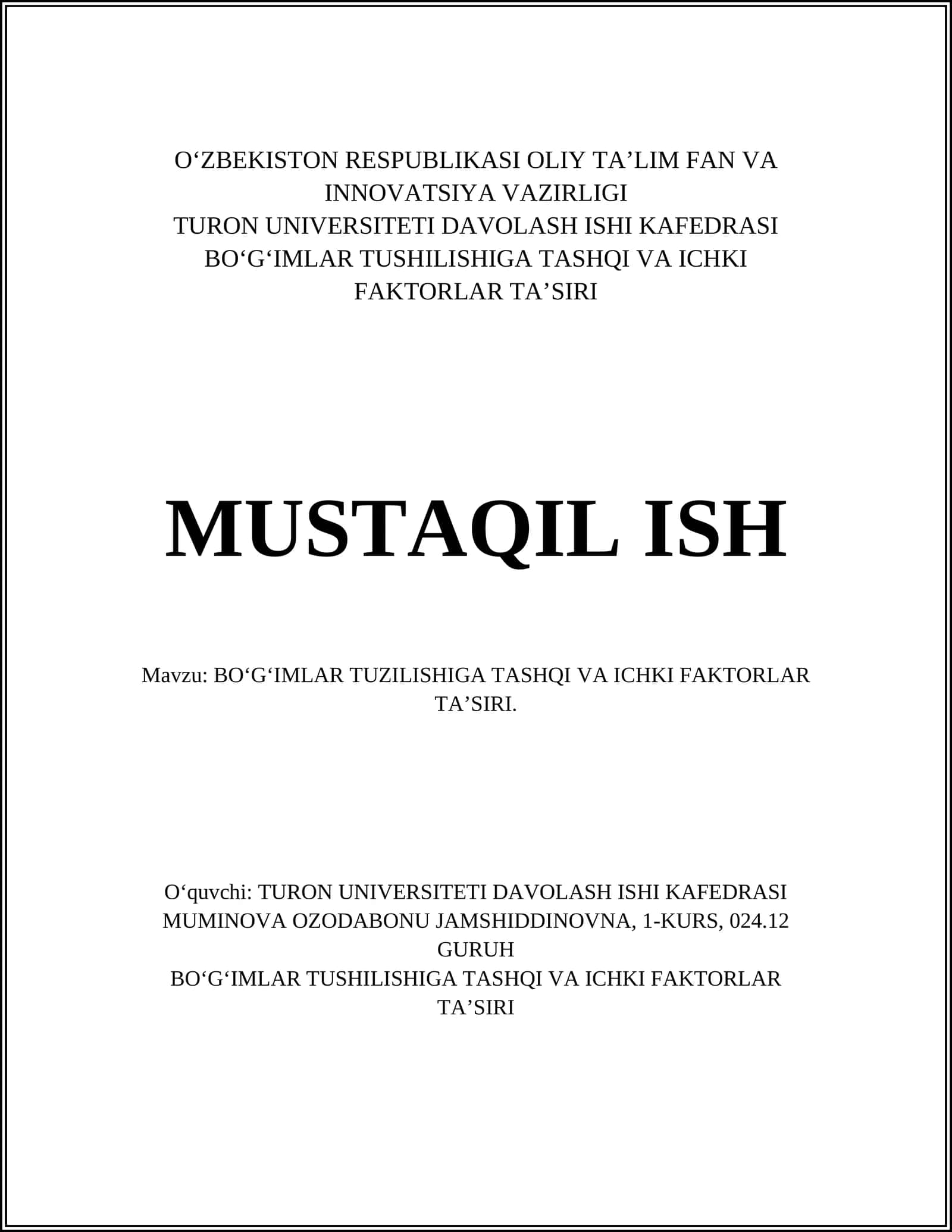BOʻGʻIMLAR TUSHILISHIGA TASHQI VA ICHKI FAKTORLAR TAʼSIRI