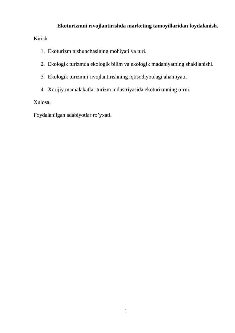 Ekoturizmni rivojlantirishda marketing tamoyillaridan foydalanish