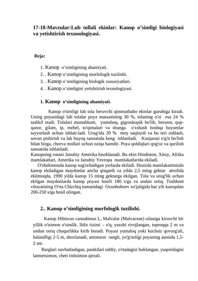 Lub tollali ekinlar: Kanop o’simligi biologiyasi va yetishtirish texnoologiyasi