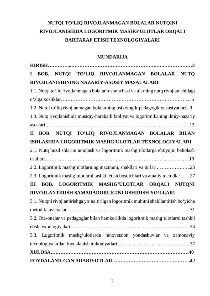 NUTQI TOʻLIQ RIVOJLANMAGAN BOLALAR NUTQINI RIVOJLANISHIDA LOGORITMIK MASHGʻULOTLAR ORQALI BARTARAF ETISH TEXNOLOGIYALARI