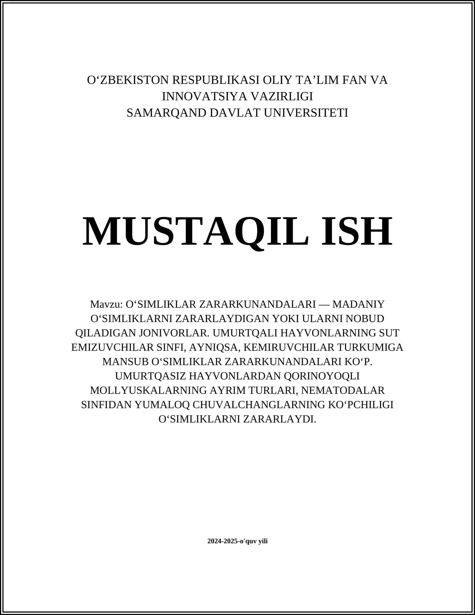 OʻSIMLIKLAR ZARARKUNANDALARI — MADANIY OʻSIMLIKLARNI ZARARLAYDIGAN YOKI ULARNI NOBUD QILADIGAN JONIVORLAR. UMURTQALI HAYVONLARNING SUT EMIZUVCHILAR SINFI, AYNIQSA, KEMIRUVCHILAR TURKUMIGA MANSUB OʻSIMLIKLAR ZARARKUNANDALARI KOʻP. UMURTQASIZ HAYVONLARDAN QORINOYOQLI MOLLYUSKALARNING AYRIM TURLARI, NEMATODALAR SINFIDAN YUMALOQ CHUVALCHANGLARNING KOʻPCHILIGI OʻSIMLIKLARNI ZARARLAYDI