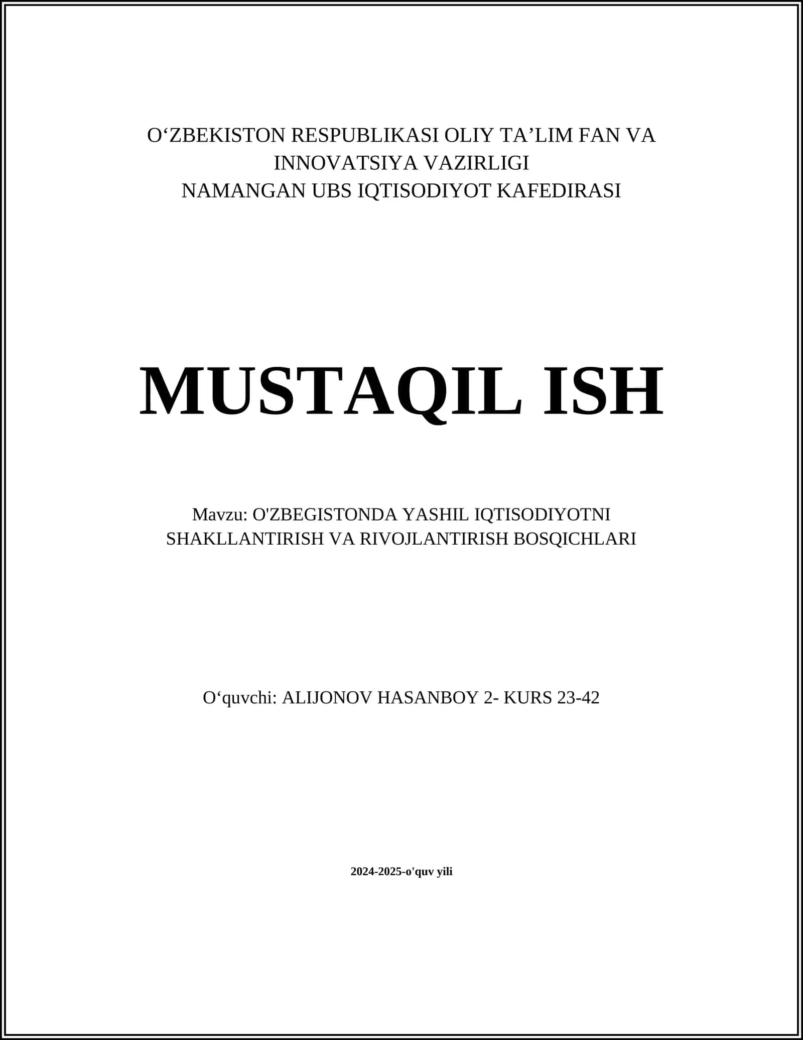 YASHIL IQTISODIYOTNI SHAKLLANTIRISH VA RIVOJLANTIRISH BOSQICHLARI