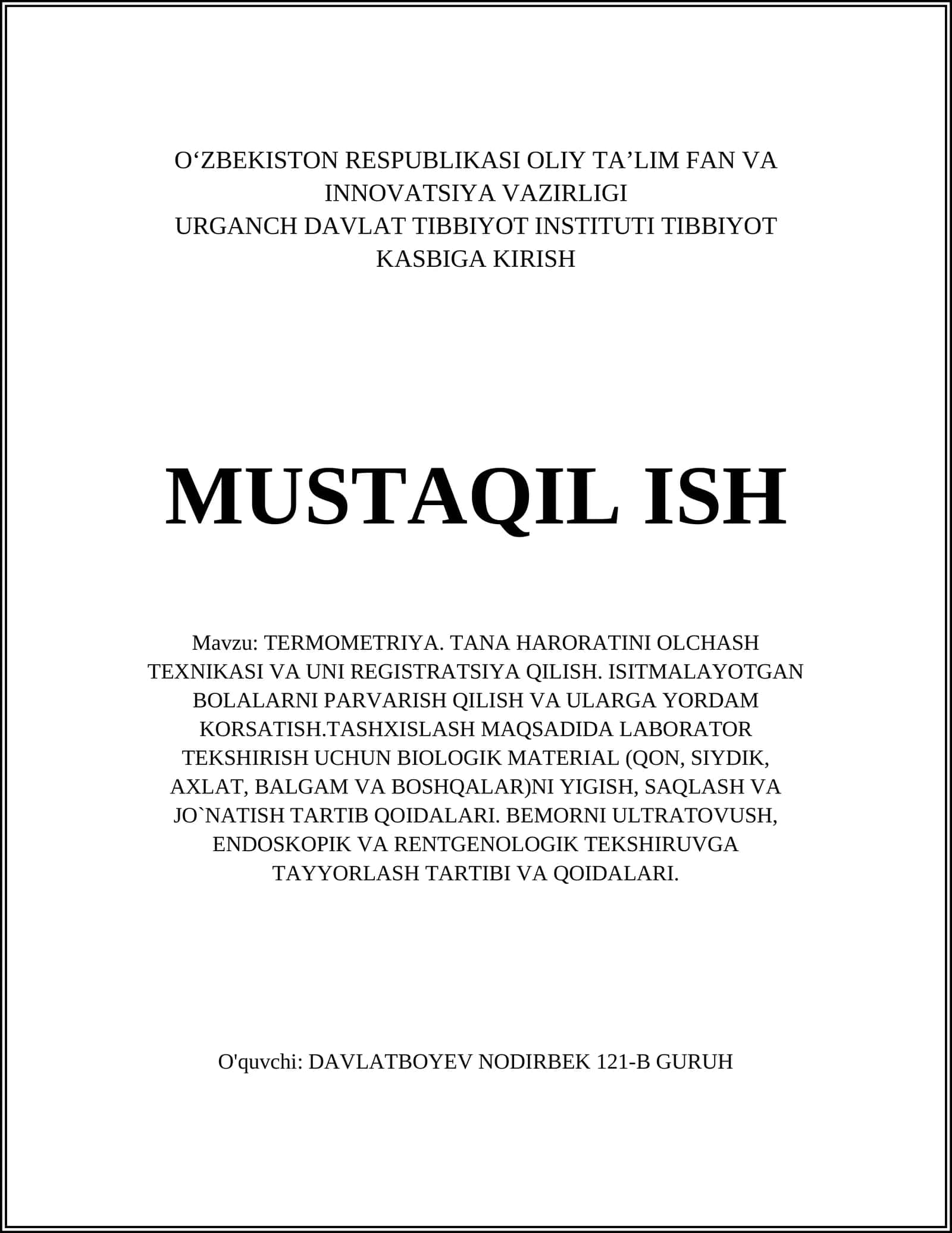 TERMOMETRIYA. TANA HARORATINI OLCHASH TEXNIKASI VA UNI REGISTRATSIYA QILISH