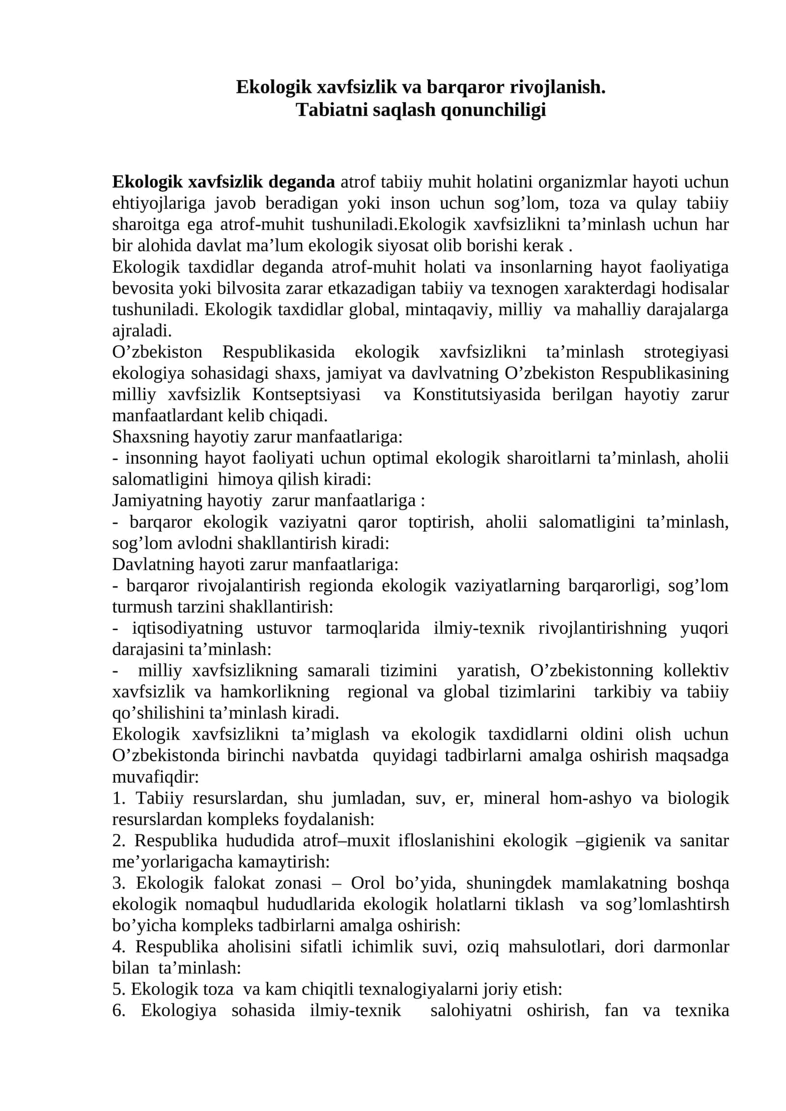 Ekologik xavfsizlik va barqaror rivojlanish