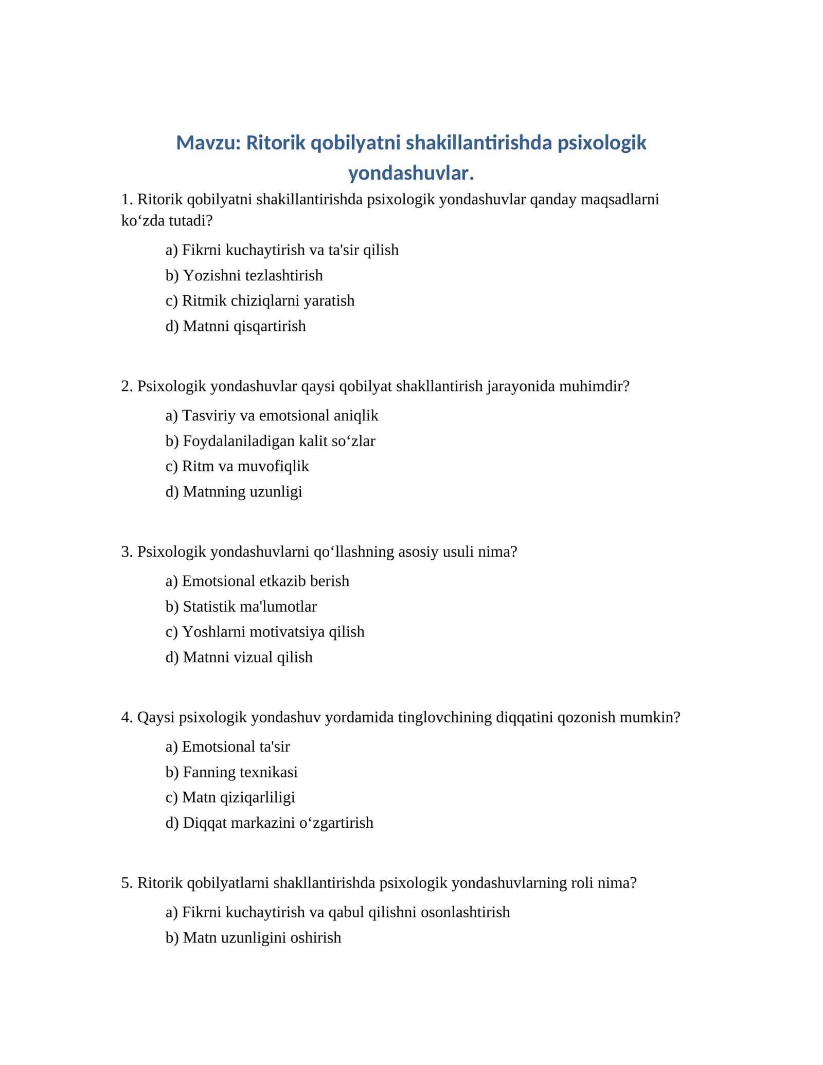 Ritorik qobilyatni shakillantirishda psixologik yondashuvlar