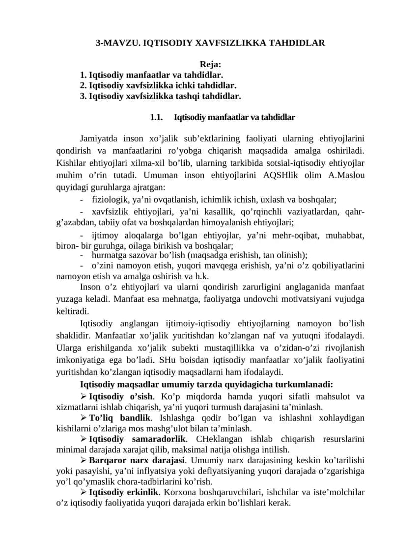 IQTISODIY XAVFSIZLIKKA TAHDIDLAR