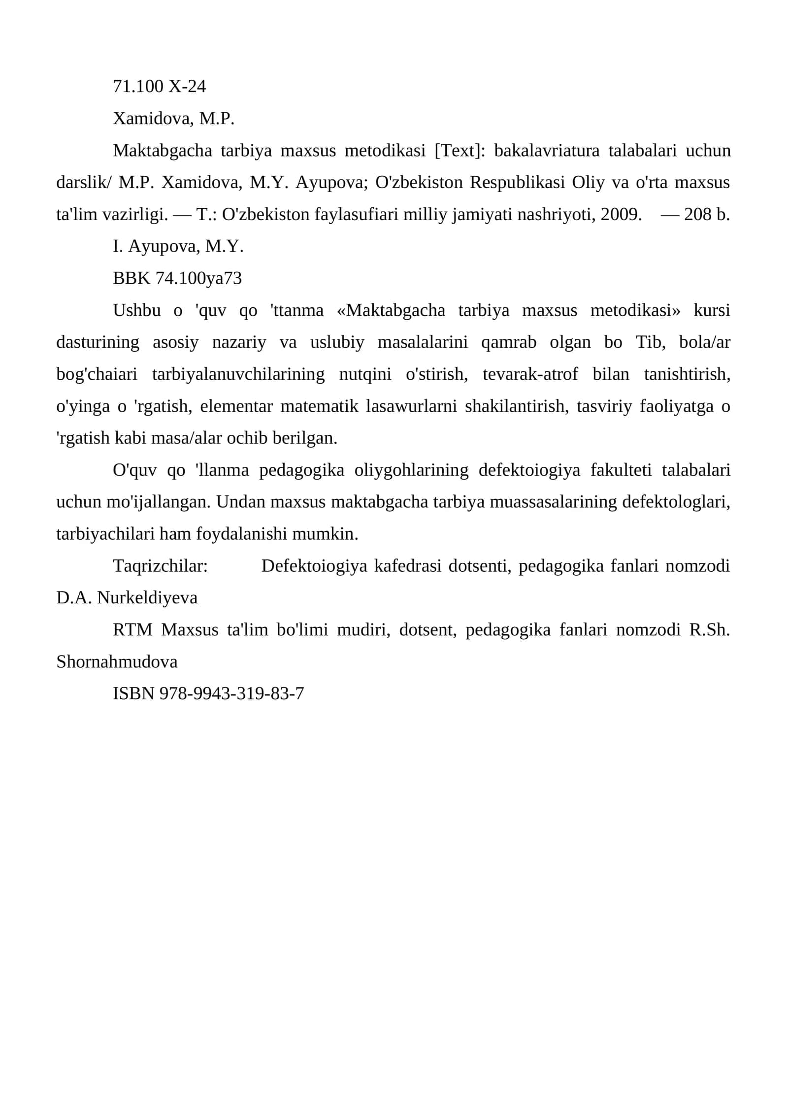 Maktabgacha tarbiya maxsus metodikasi