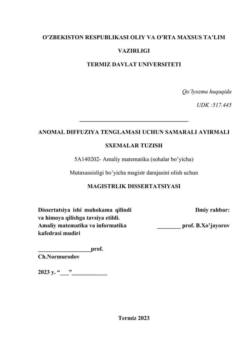 АNОMАL DIFFUZIYA TENGLAMASI UCHUN SAMARALI AYIRMALI SXEMALAR TUZISH
