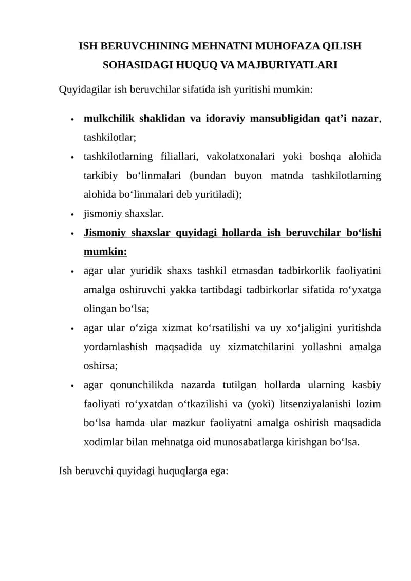 ISH BERUVCHINING MEHNATNI MUHOFAZA QILISH SOHASIDAGI HUQUQ VA MAJBURIYATLARI