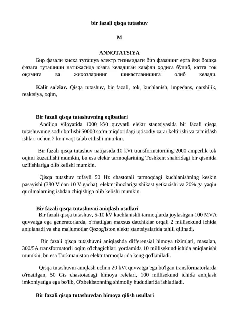 Bir fazali qisqa tutashuv