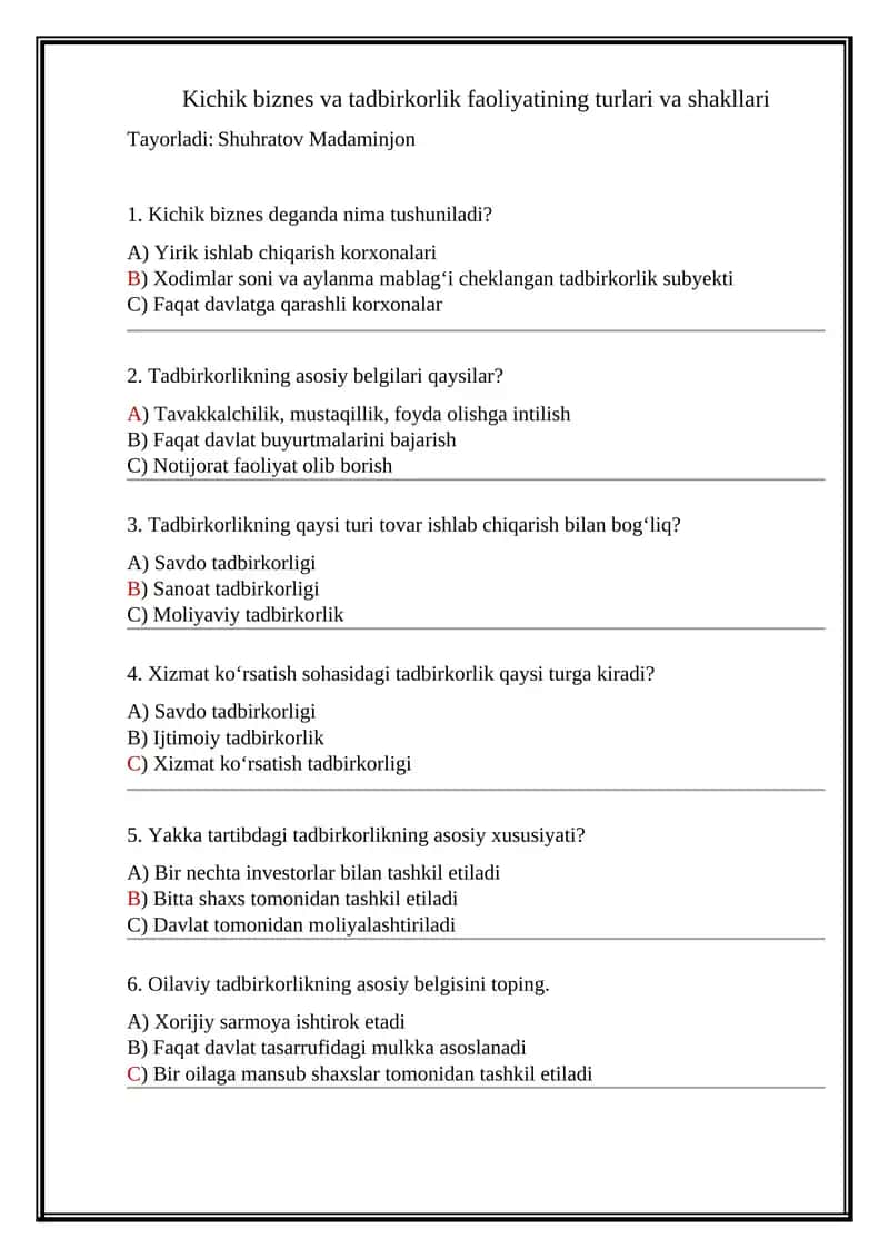 Kichik biznes va tadbirkorlik faoliyatining turlari va shakllari