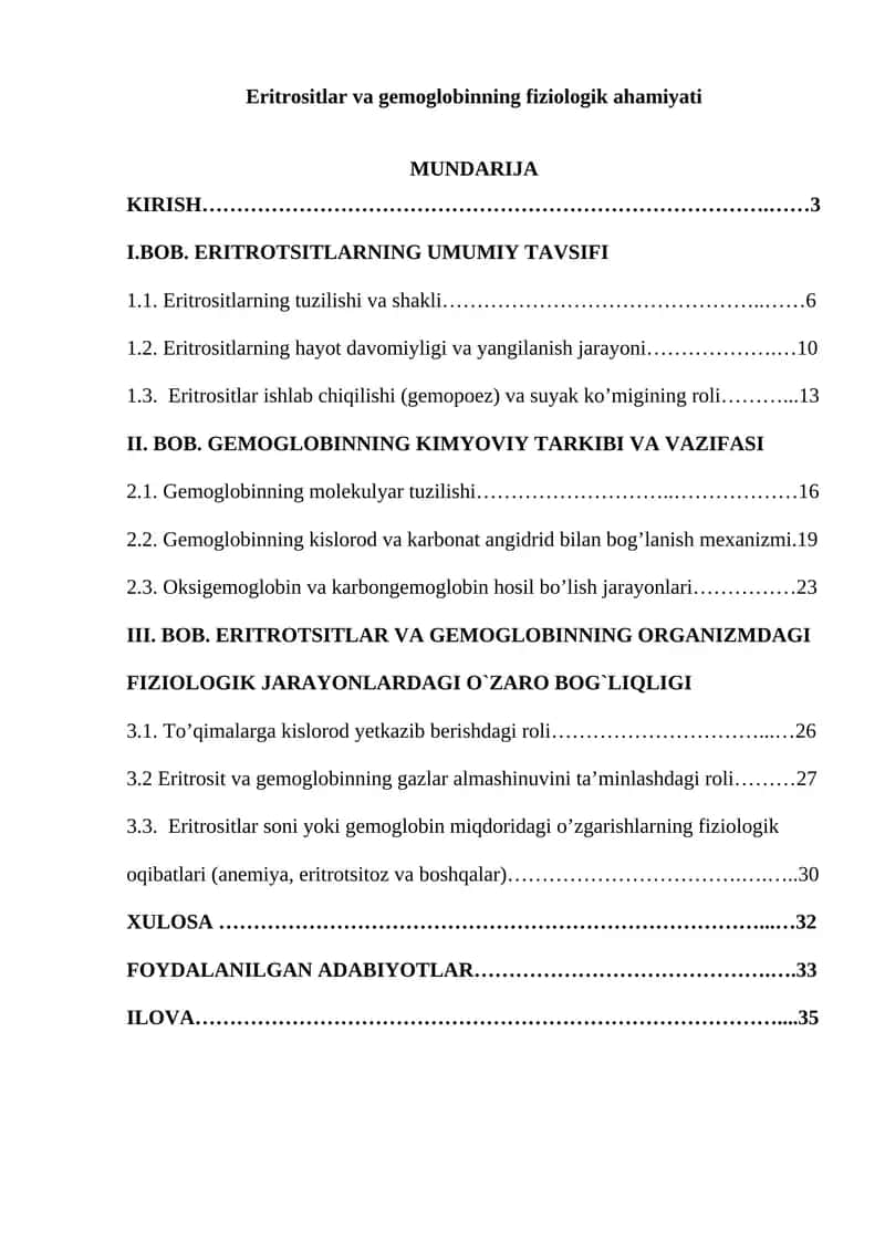 Eritrositlar va gemoglobinning fiziologik ahamiyati