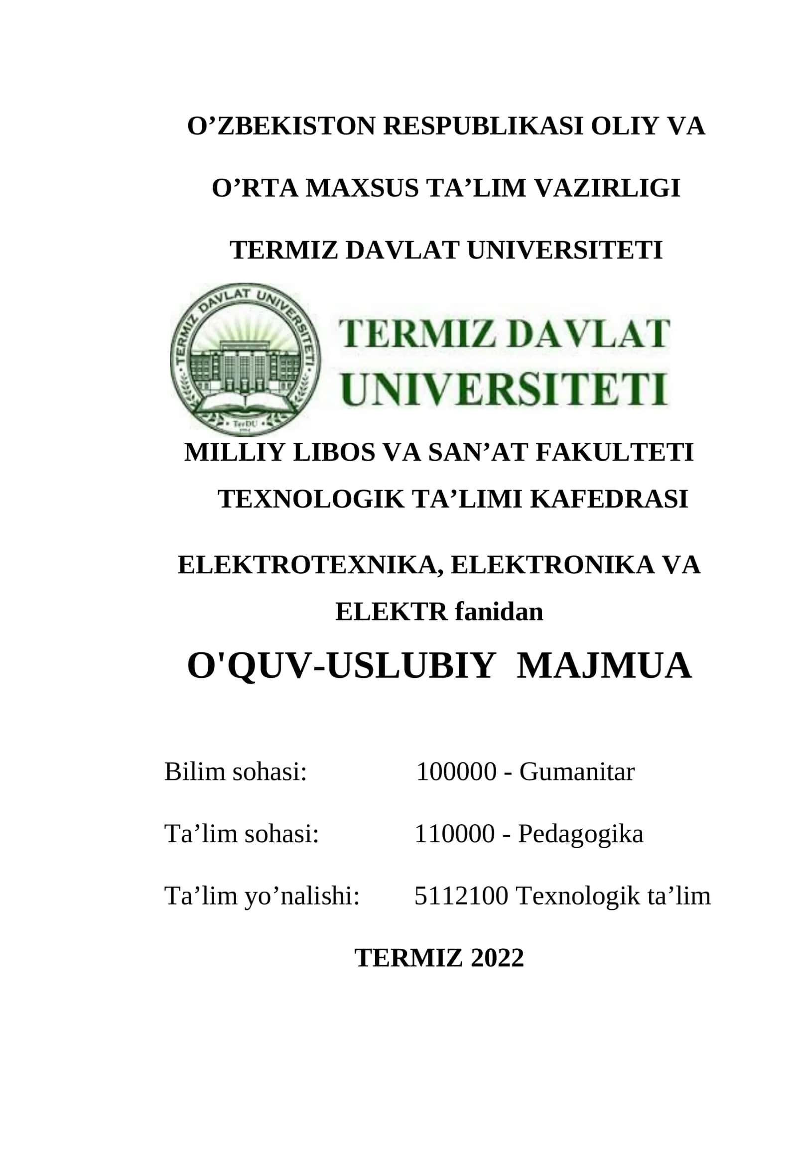 Fanning o'quv-uslubiy majmuasi
