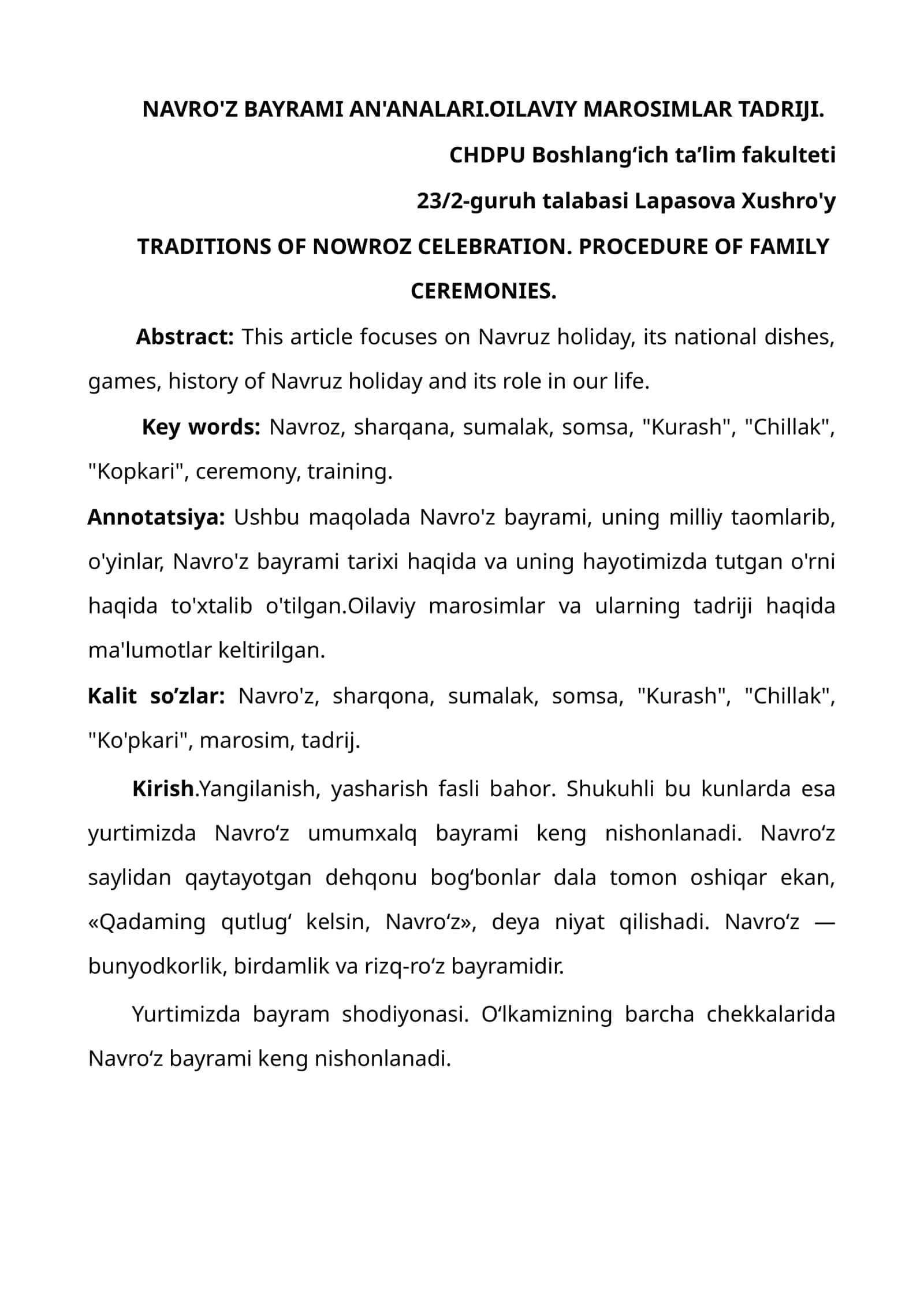 NAVRO'Z BAYRAMI AN'ANALARI.OILAVIY MAROSIMLAR TADRIJI