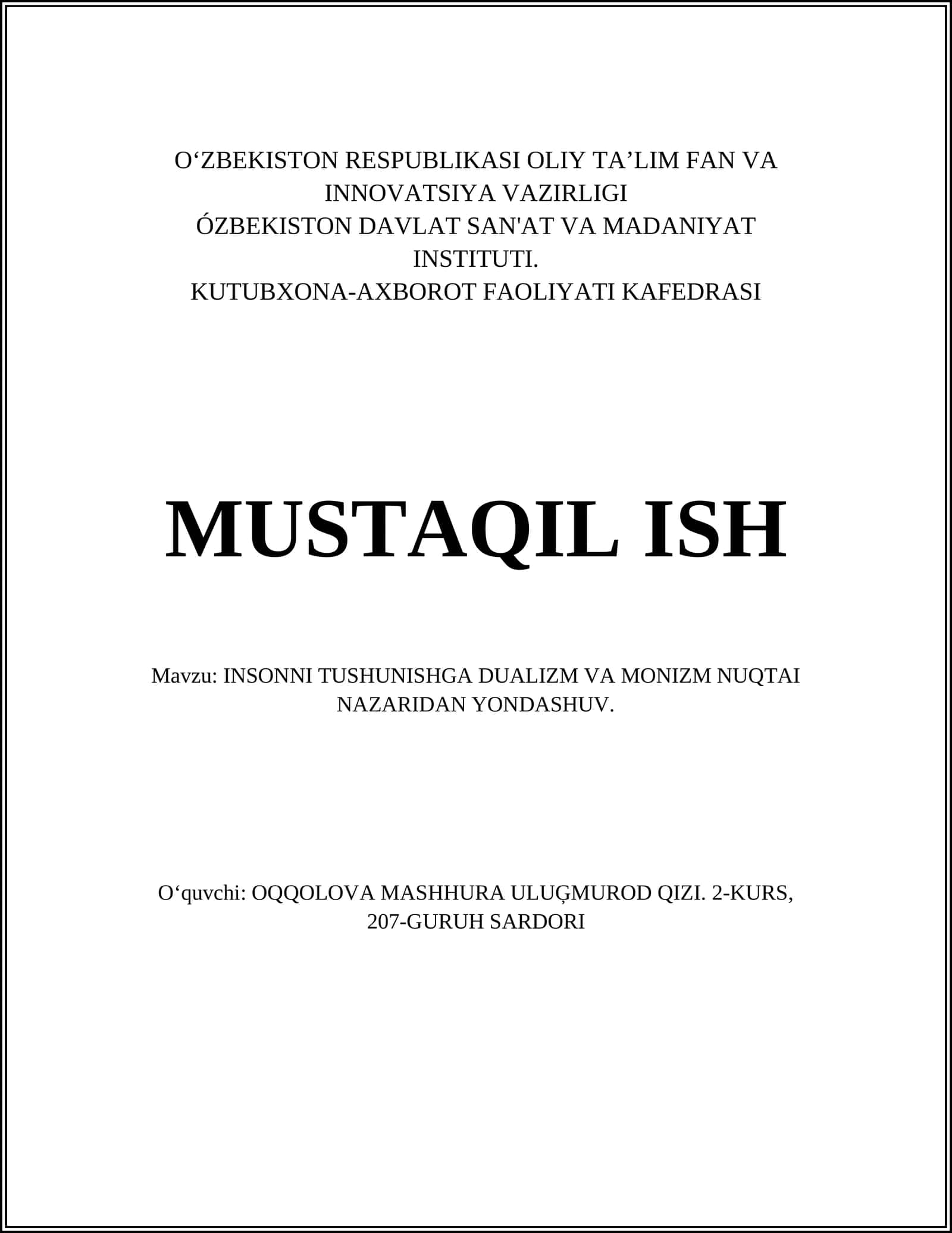 INSONNI TUSHUNISHGA DUALIZM VA MONIZM NUQTAI NAZARIDAN YONDASHUV