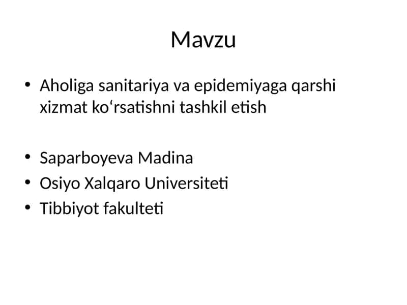 Aholiga sanitariya va epidemiyaga qarshi xizmat ko‘rsatishni tashkil etish